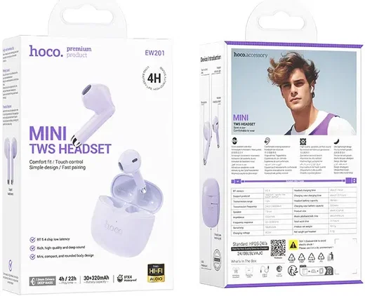 Hoco EW201 Draadloze Bluetooth Half In-Ear Oordoppen Paars afbeelding 8