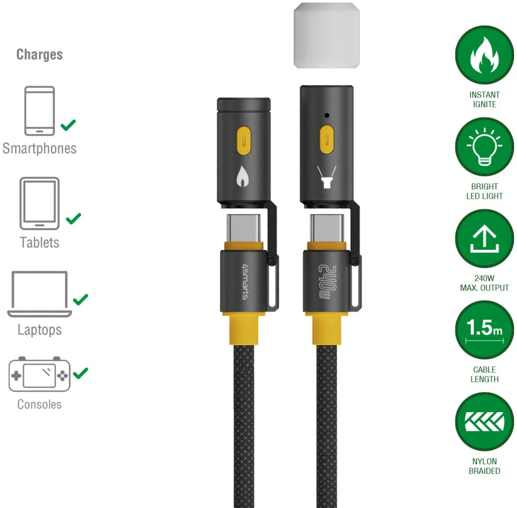 4smarts USB-C naar USB-C 240W 3-in-1 Kabel met Lamp en Aansteker 1.5M Zwart afbeelding 7