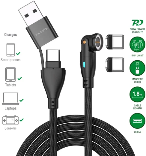 4smarts USB-C/USB-A naar USB-C 100W Magnetische Oplaad Kabel PD 1.8 Meter Zwart afbeelding 4