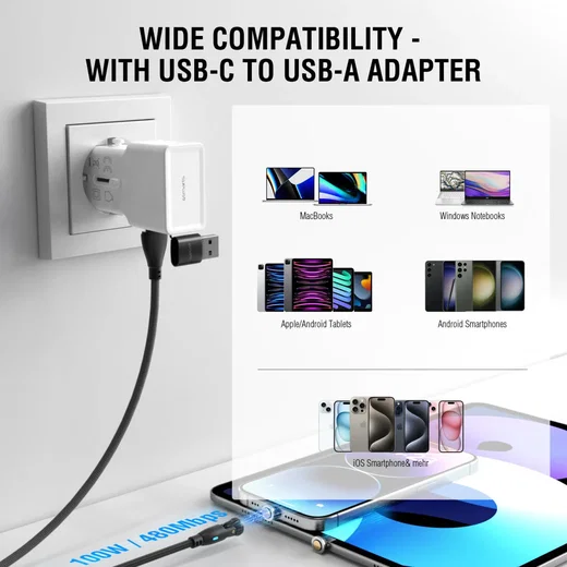 4smarts USB-C/USB-A naar USB-C 100W Magnetische Oplaad Kabel PD 1.8 Meter Zwart afbeelding 8