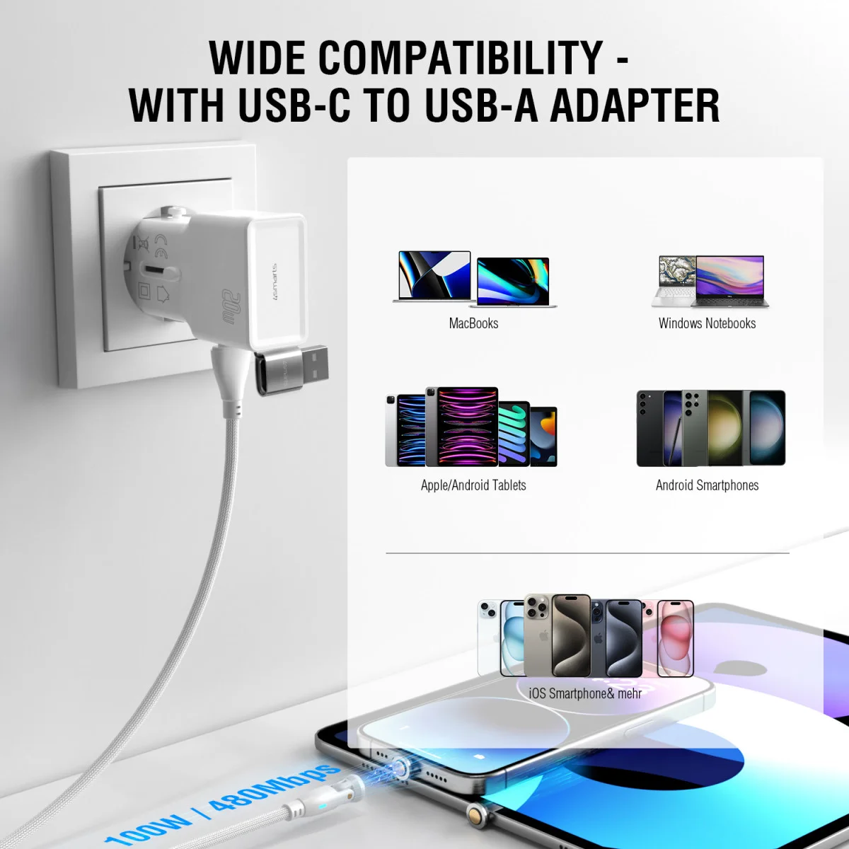 4smarts USB-C/USB-A naar USB-C 100W Magnetische Oplaad Kabel PD 1.8 Meter Wit afbeelding 6