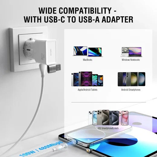 4smarts USB-C/USB-A naar USB-C 100W Magnetische Oplaad Kabel PD 1.8 Meter Wit afbeelding 6