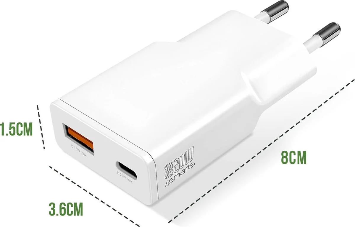4smarts 20W GaN Mini Oplader USB-C Power Delivery + USB-A QC Wit afbeelding 4
