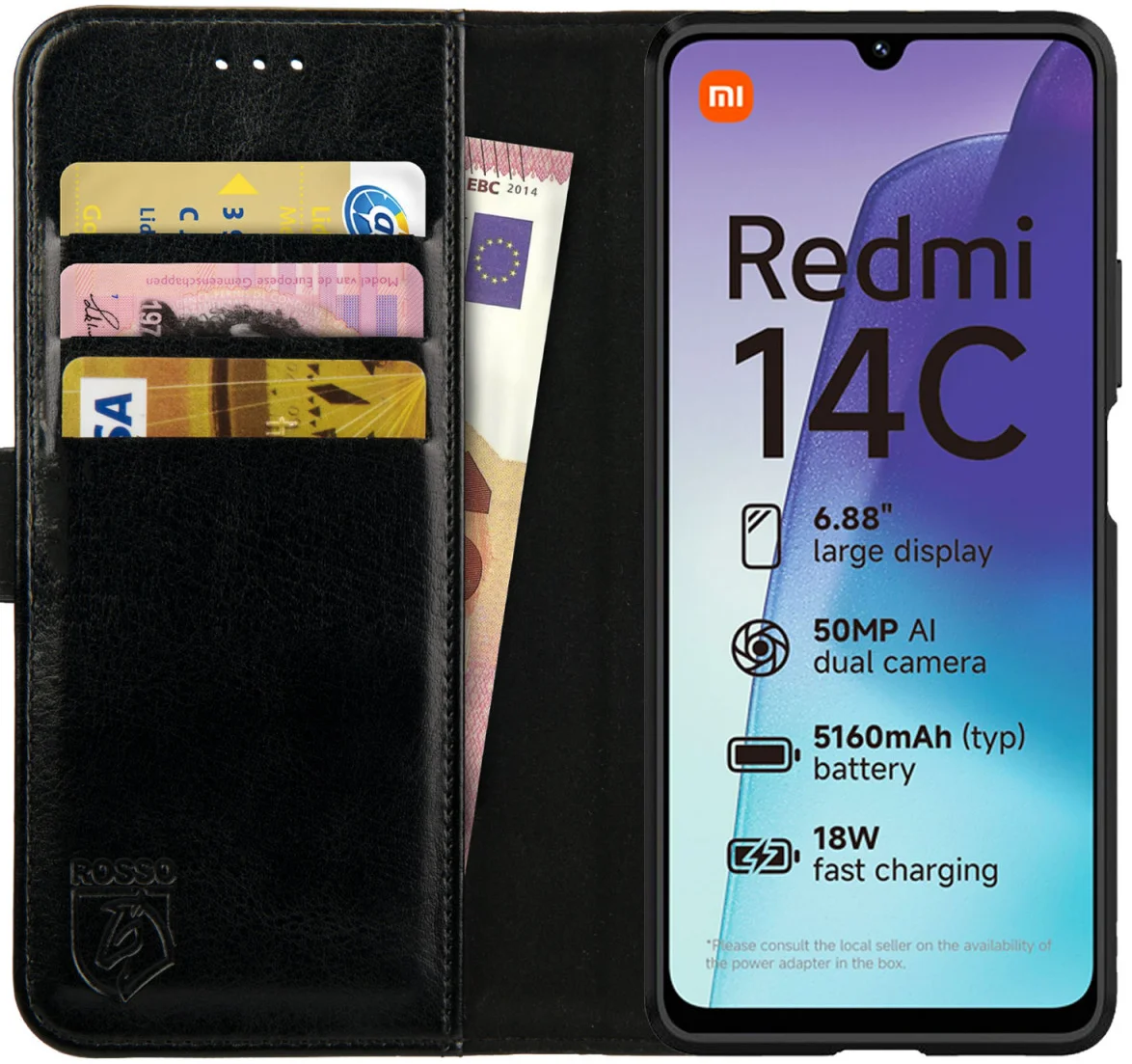 Rosso Element Xiaomi Redmi 14C Hoesje Book Case Wallet Zwart afbeelding 1