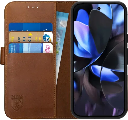 Rosso Deluxe Google Pixel 9a Hoesje Echt Leer Book Case Bruin afbeelding 1