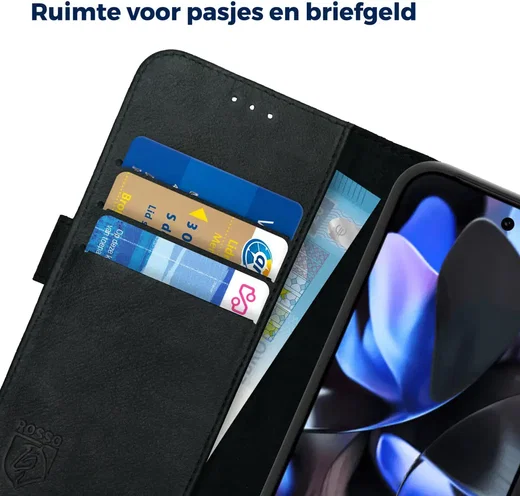 Rosso Deluxe Google Pixel 9a Hoesje Echt Leer Book Case Zwart afbeelding 4
