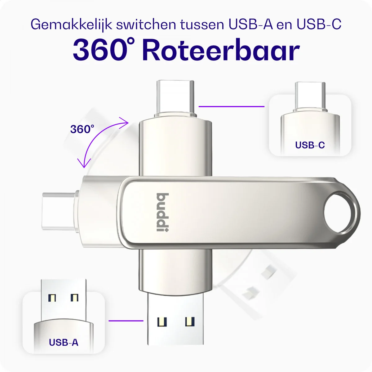 Buddi USB-A en USB-C Stick Dual Geheugenstick 128GB Grijs afbeelding 2