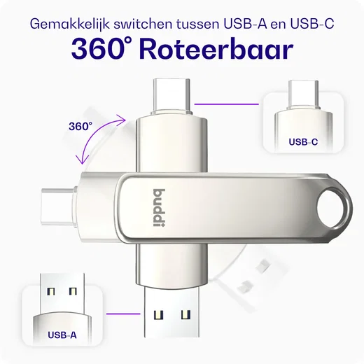 Buddi USB-A en USB-C Stick Dual Geheugenstick 128GB Grijs afbeelding 2