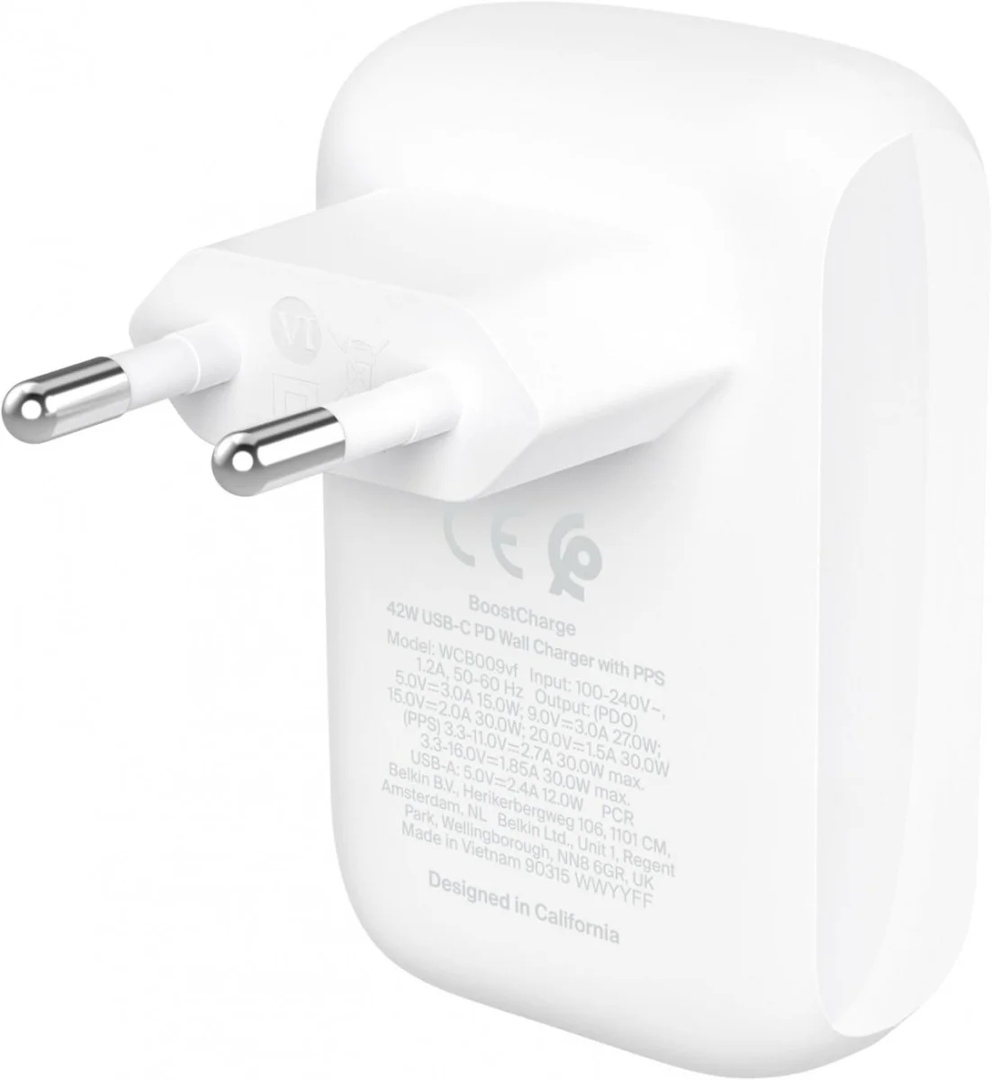 Belkin BoostCharge 42W PD/PPS Dual Wall Charger USB-A/USB-C Adapter Wit afbeelding 2