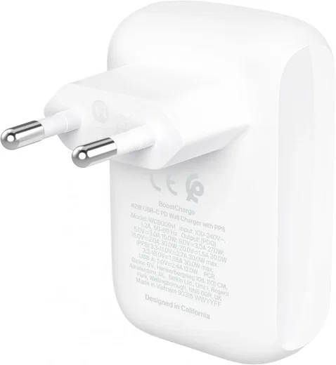 Belkin BoostCharge 42W PD/PPS Dual Wall Charger USB-A/USB-C Adapter Wit afbeelding 2