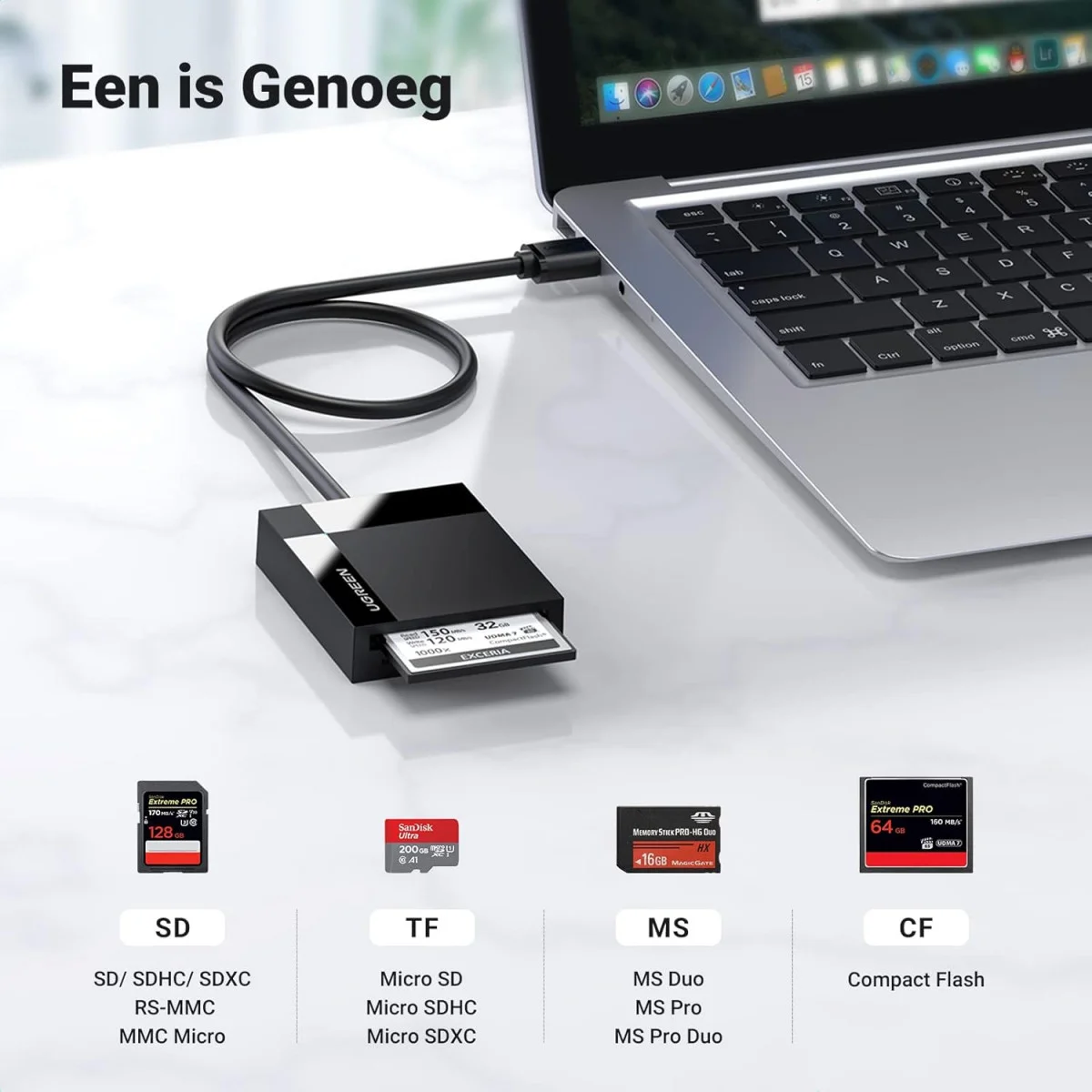 UGREEN 4-in-1 USB 3.0 SD Kaartlezer Micro SD/TF/MS/CF 5Gbps Zwart afbeelding 2