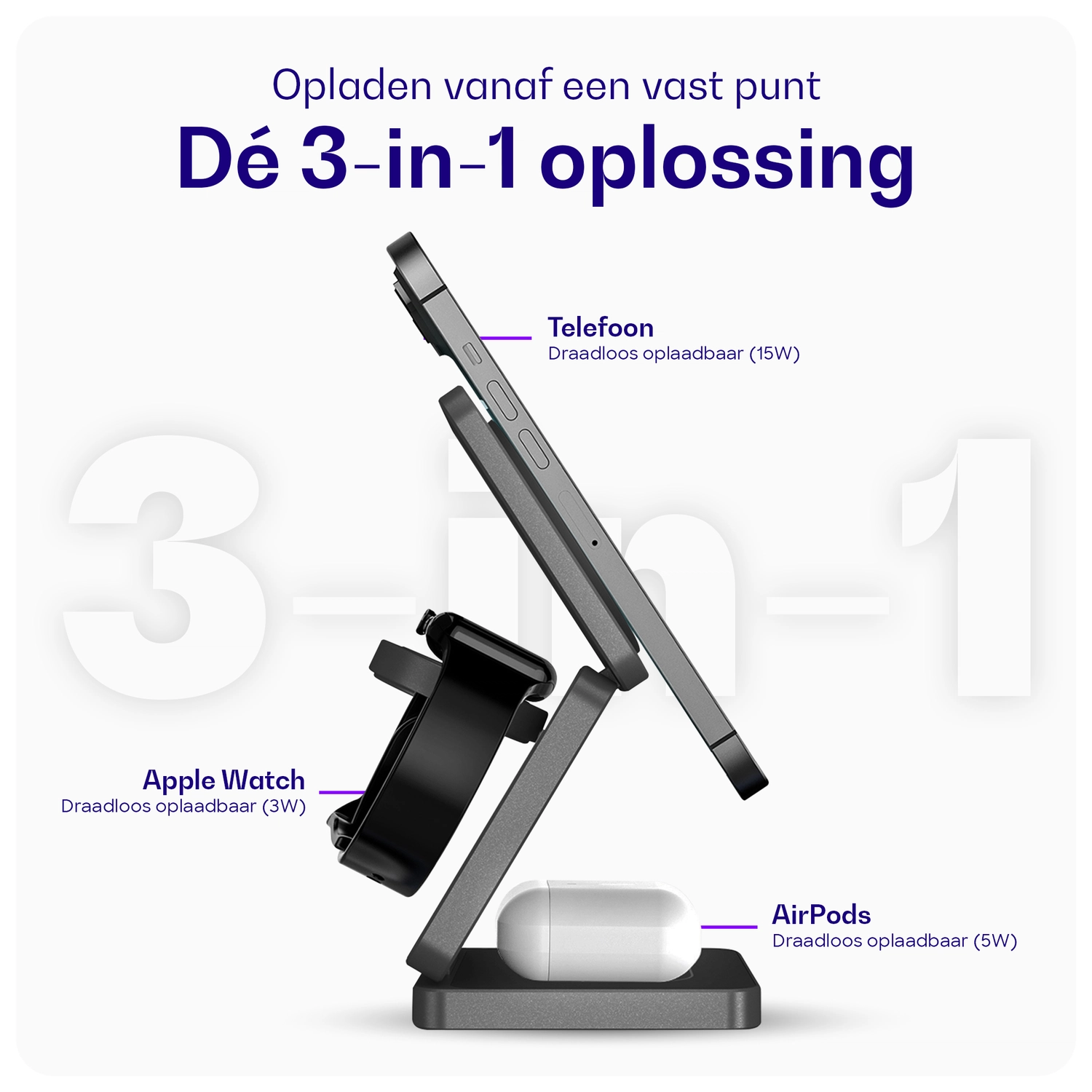 Buddi Power 3-in-1 Qi2 Draadloze MagSafe Oplader Smartphone/Apple Watch/AirPods afbeelding 2