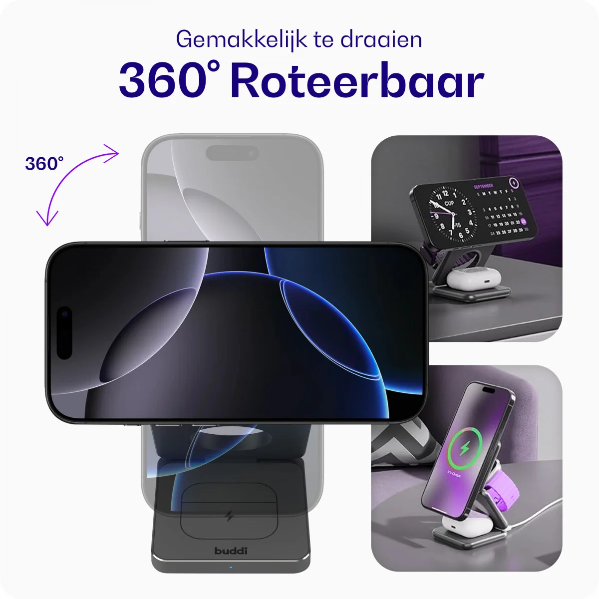 Buddi Power 3-in-1 Qi2 Draadloze MagSafe Oplader Smartphone/Apple Watch/AirPods afbeelding 3