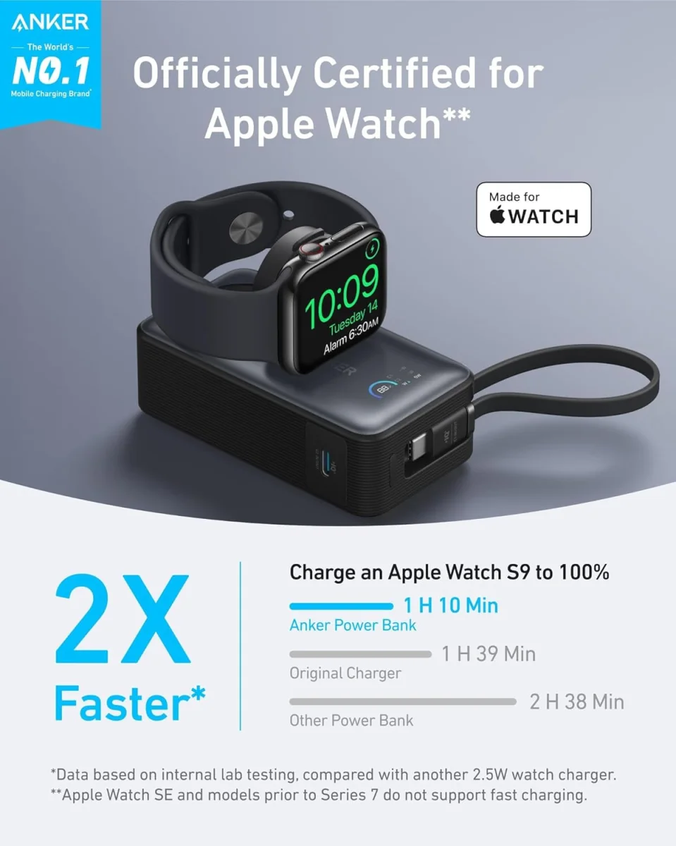 Anker MagGo 35W 10.000 mAh Powerbank Telefoon en Apple Watch Oplader Zwart afbeelding 2