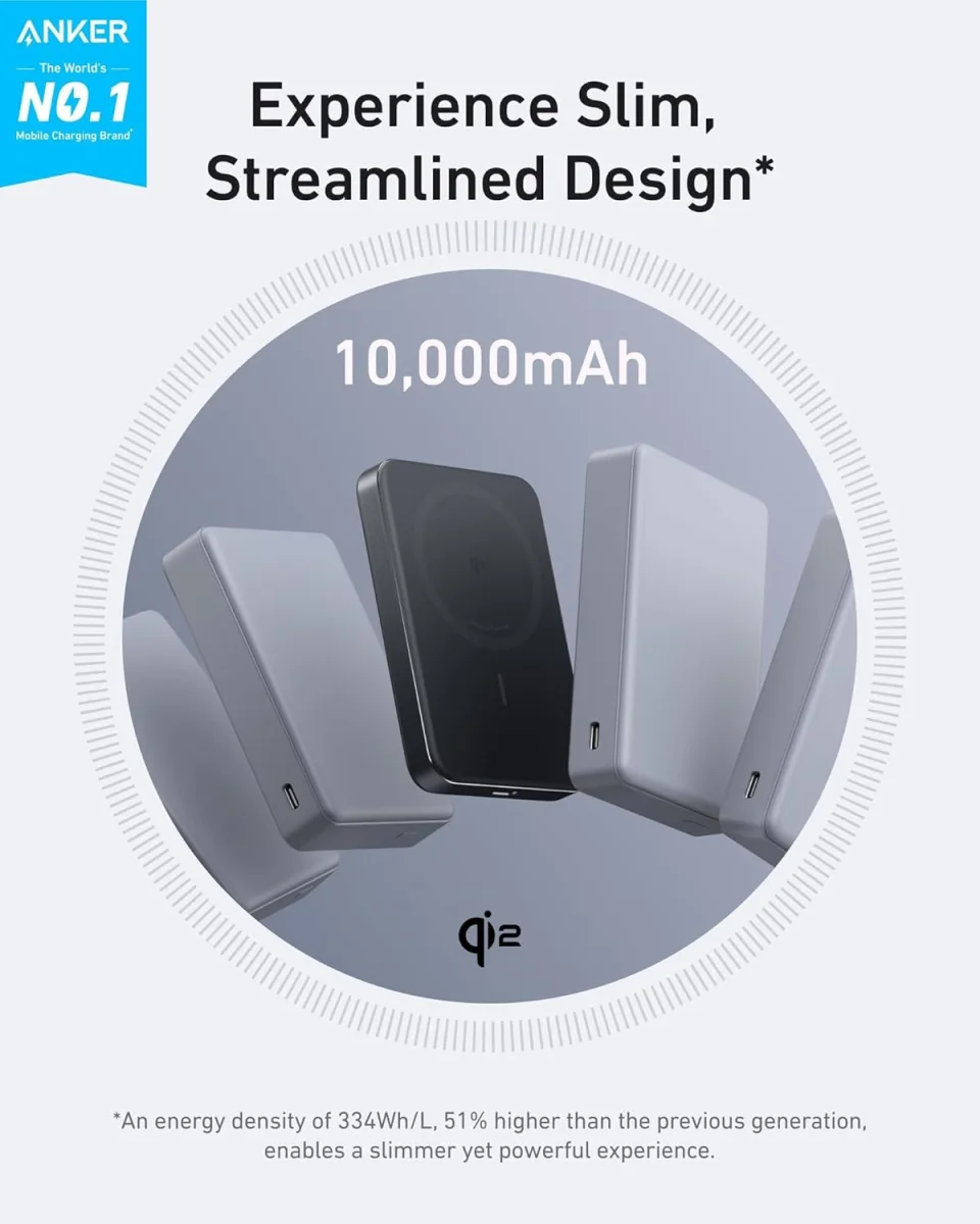 Anker MagGo 15W Slim Qi2 / MagSafe Powerbank met USB-C Poort 10.000mAh Zwart afbeelding 2