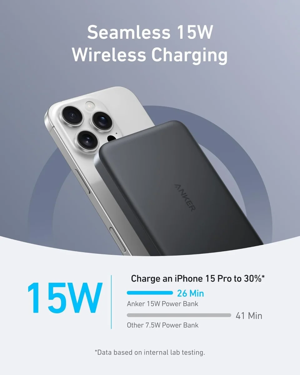 Anker MagGo 15W Slim Qi2 / MagSafe Powerbank met USB-C Poort 10.000mAh Zwart afbeelding 3