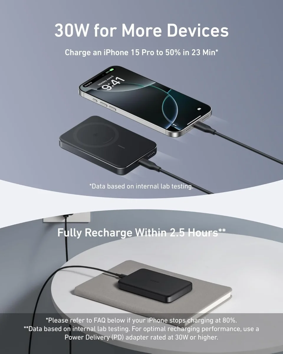 Anker MagGo 15W Slim Qi2 / MagSafe Powerbank met USB-C Poort 10.000mAh Zwart afbeelding 6
