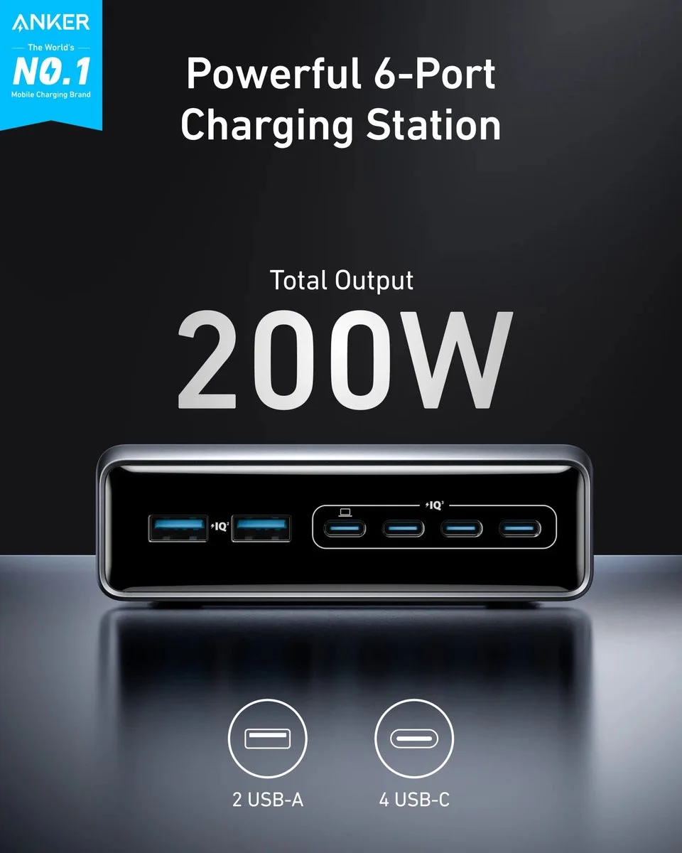 Anker Prime (200W) 6-Poorts Snellader GaN USB/USB-C Oplaadstation afbeelding 2