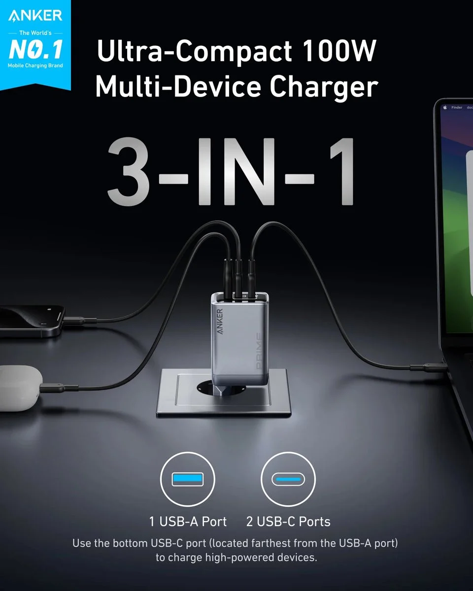 Anker Prime (100W) GaN Snellader USB-C/USB-A Fast Charge Adapter Zwart afbeelding 3
