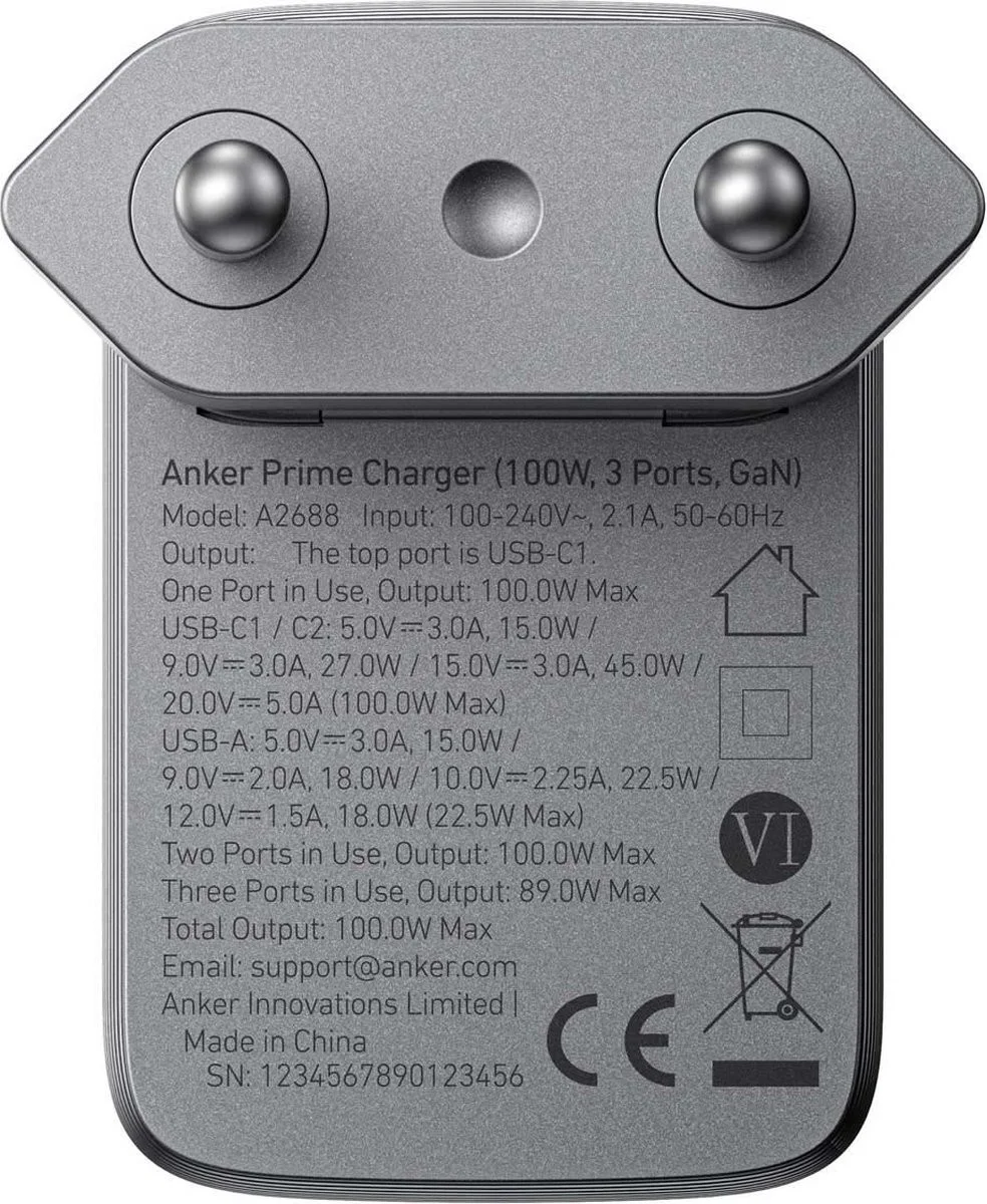 Anker Prime (100W) GaN Snellader USB-C/USB-A Fast Charge Adapter Zwart afbeelding 8