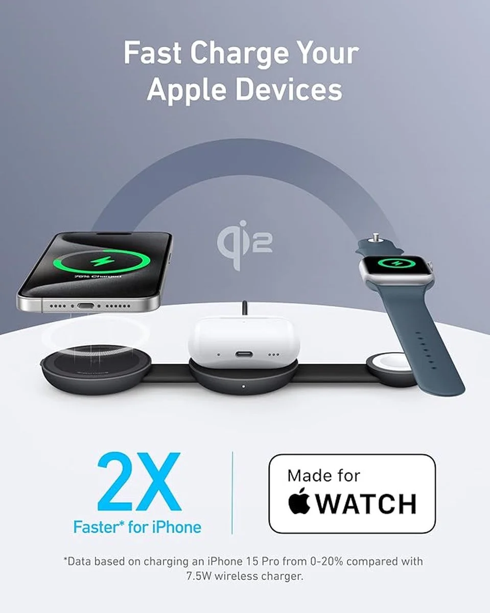 Anker MagGo (15W) 3-in-1 Draadloze MagSafe / Qi2 Oplader Zwart afbeelding 4