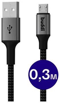 Buddi Flex USB-A naar Micro-USB Kabel 12W Fast Charge 30CM Zwart