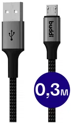 Buddi Flex USB-A naar Micro-USB Kabel 12W Fast Charge 30CM Zwart afbeelding