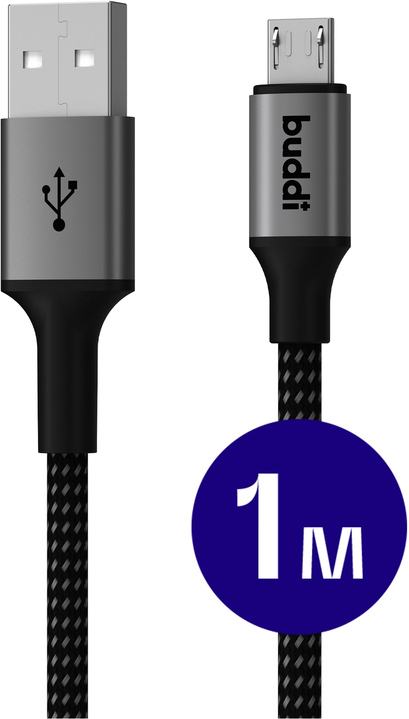 Buddi Flex USB-A naar Micro-USB Kabel 12W Fast Charge 1M Zwart afbeelding 1