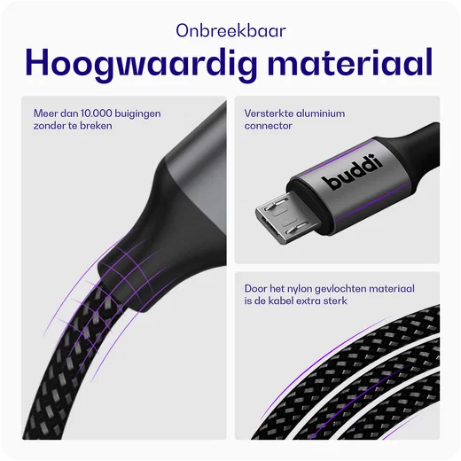 Buddi Flex USB-A naar Micro-USB Kabel 12W Fast Charge 1M Zwart afbeelding 5