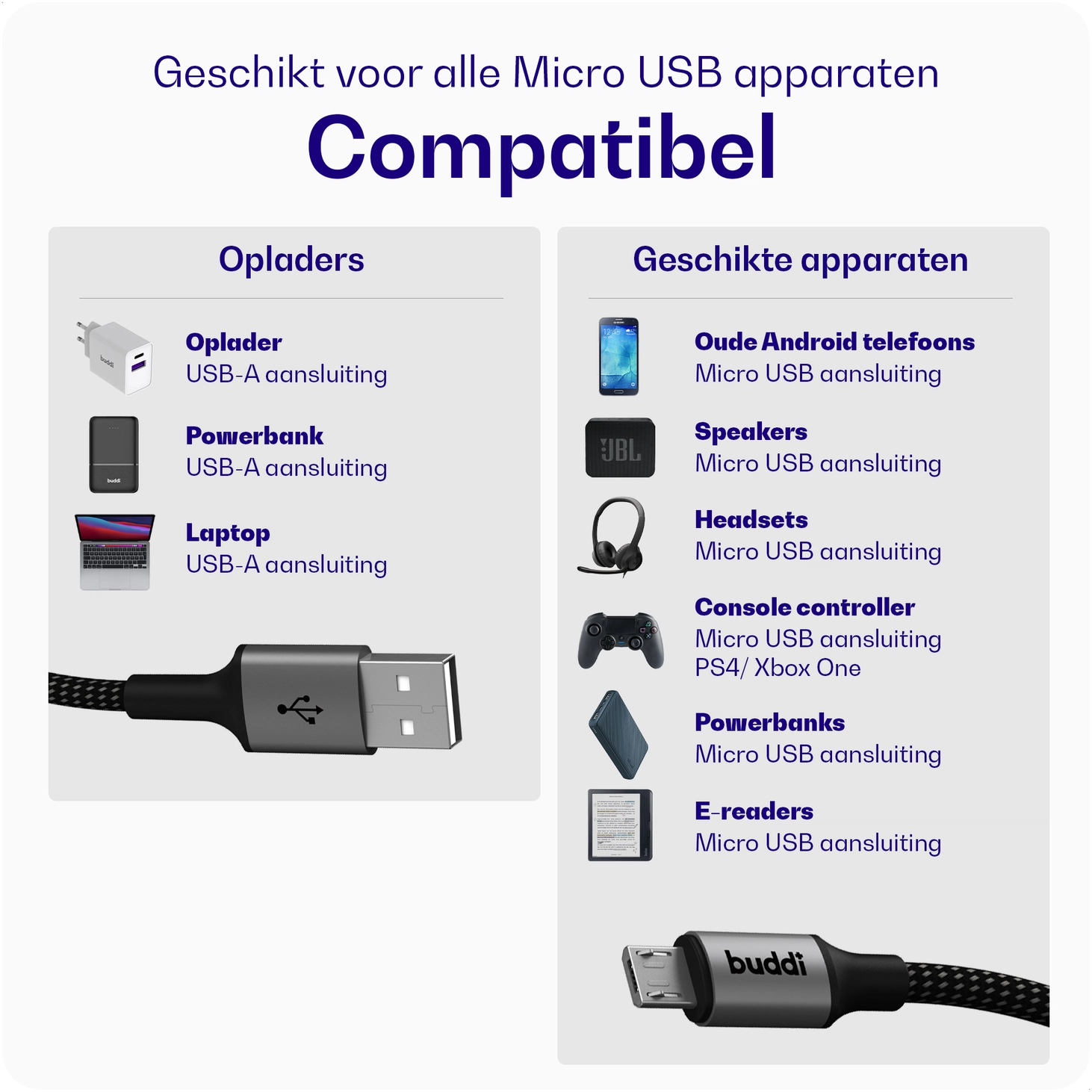 Buddi Flex USB-A naar Micro-USB Kabel 12W Fast Charge 1M Zwart afbeelding 4