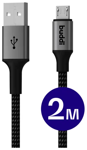 Buddi Flex USB-A naar Micro-USB Kabel 12W Fast Charge 2M Zwart afbeelding 1