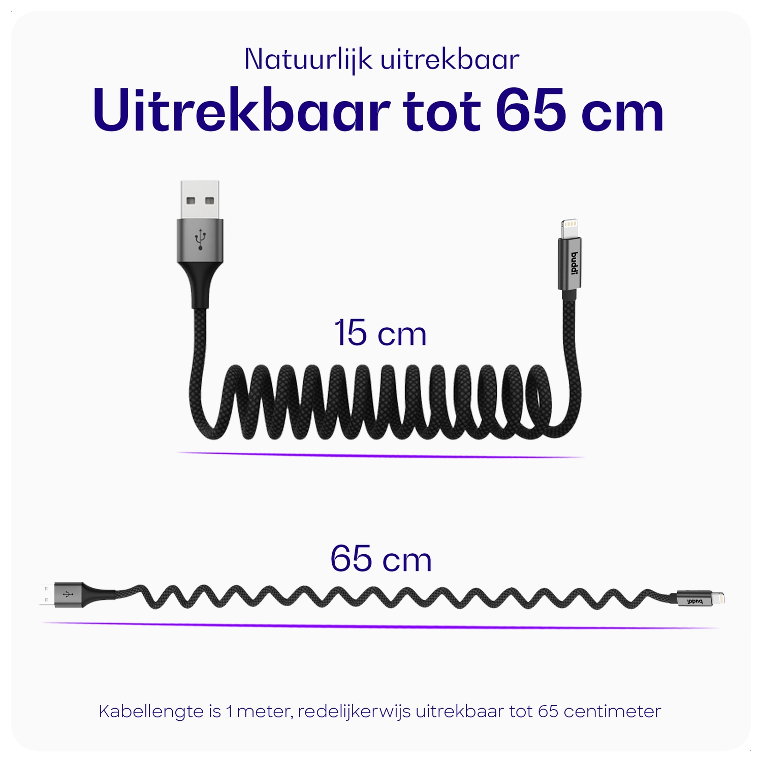 Buddi Flex USB-A naar Lightning Krulsnoer Kabel 12W Fast Charge 1M Zwart afbeelding 3