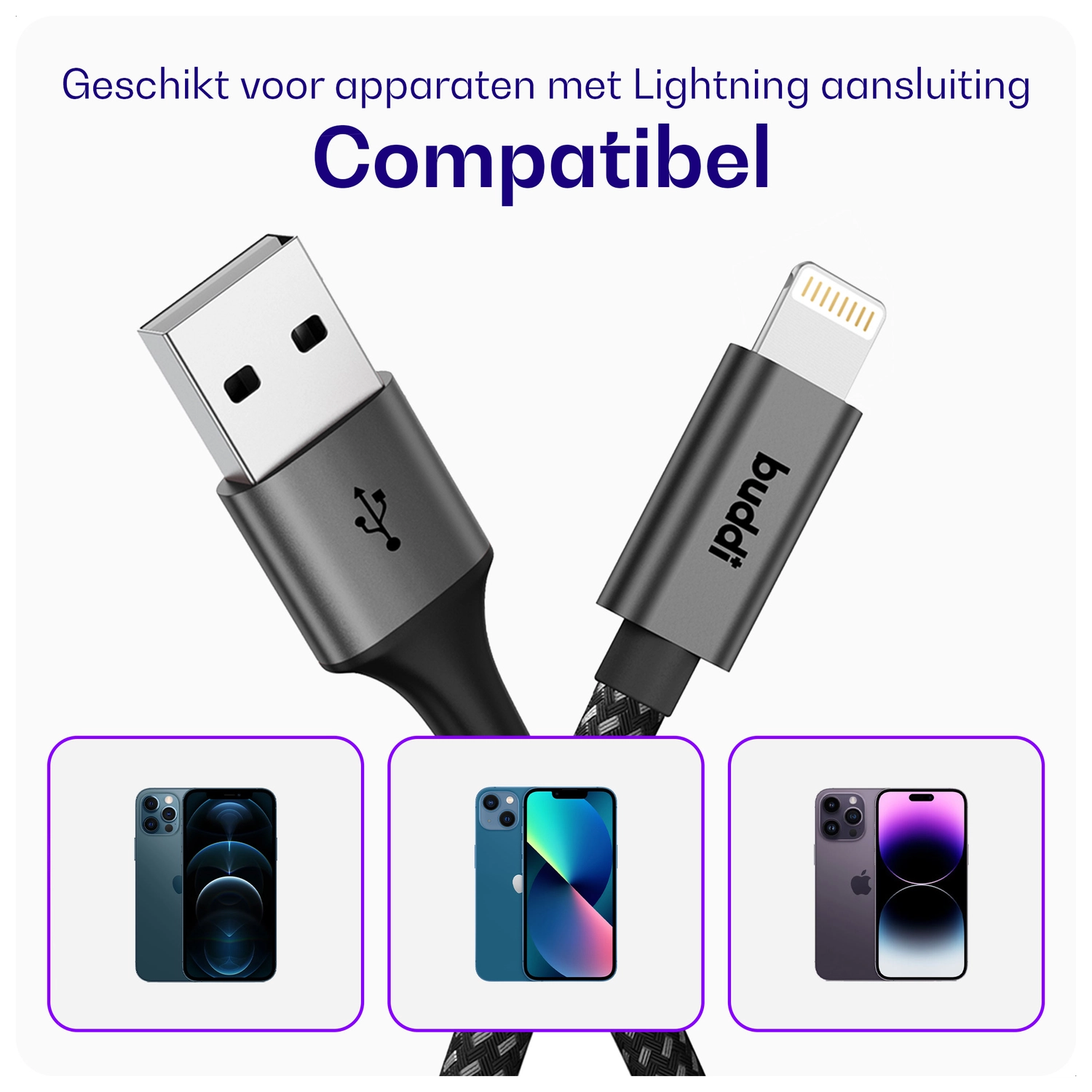 Buddi Flex USB-A naar Lightning Krulsnoer Kabel 12W Fast Charge 1M Zwart afbeelding 7