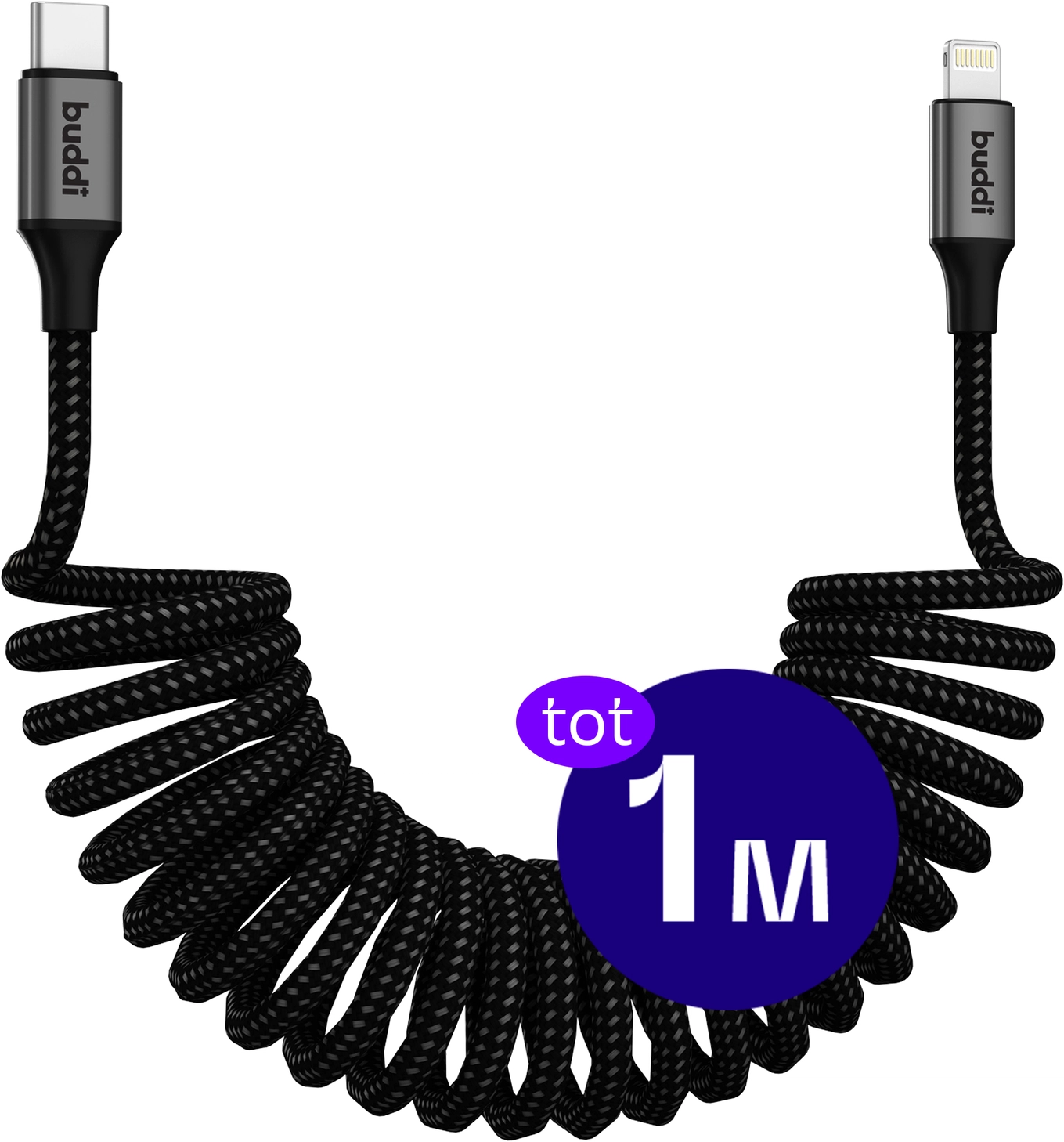 Buddi Flex USB-C naar Lightning Krulsnoer Kabel 12W Fast Charge 1M Zwart afbeelding 1
