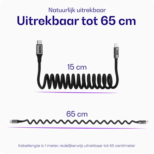 Buddi Flex USB-C naar Lightning Krulsnoer Kabel 12W Fast Charge 1M Zwart afbeelding 3
