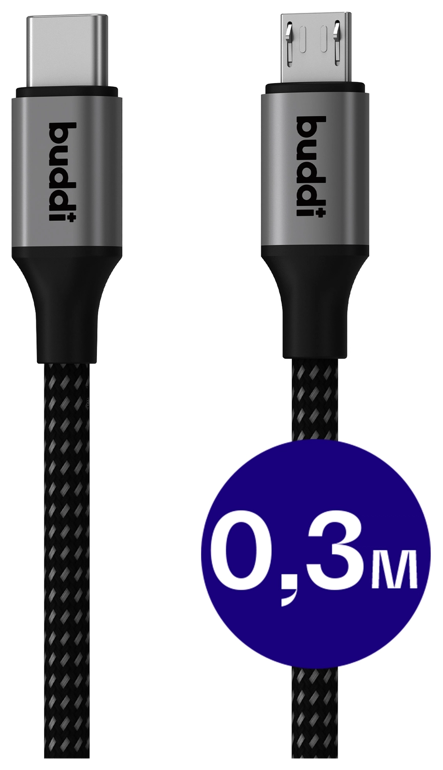 Buddi Flex USB-C naar Micro-USB Kabel 12W Fast Charge 30cm Zwart afbeelding 1