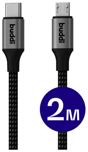 Buddi Flex USB-C naar Micro-USB Kabel 12W Fast Charge 2M Zwart afbeelding 1