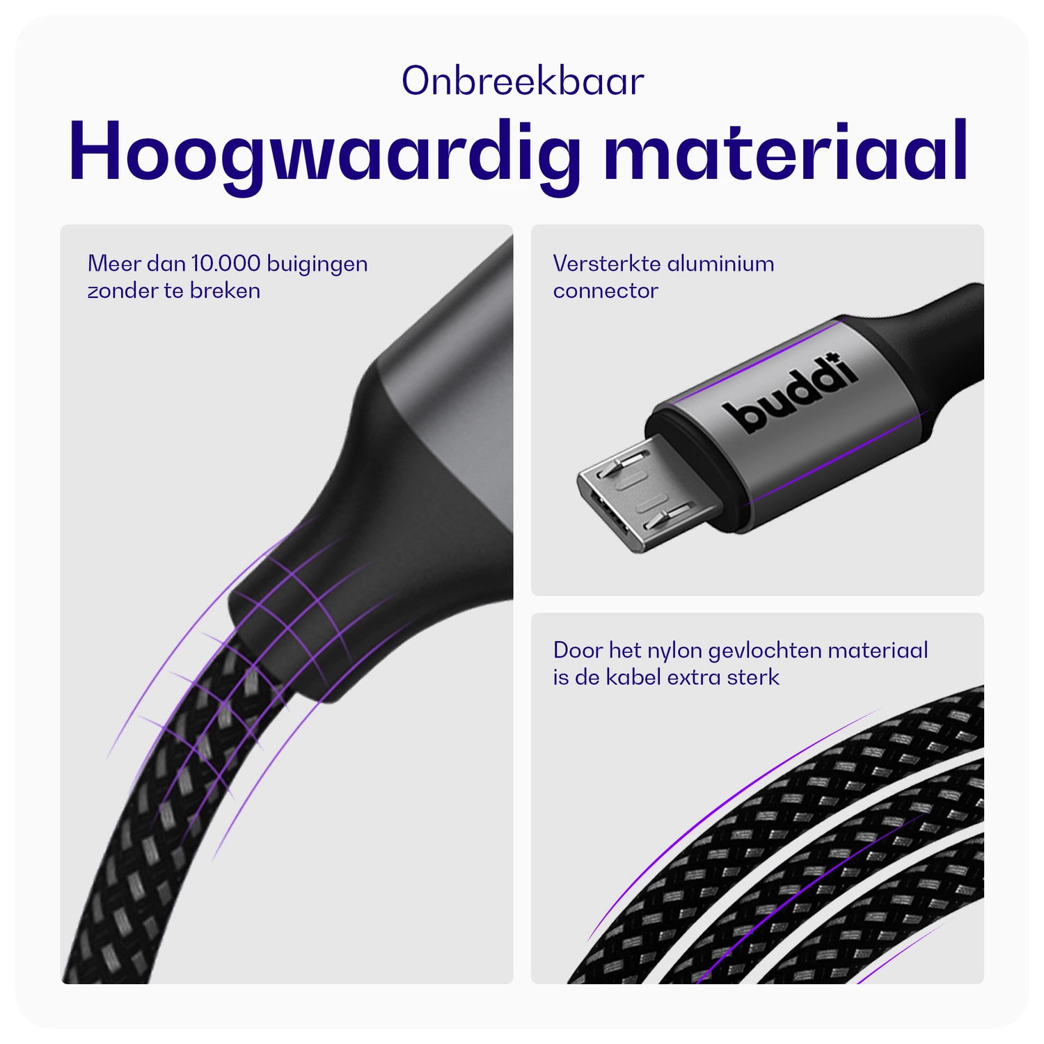 Buddi Flex USB-C naar Micro-USB Kabel 12W Fast Charge 2M Zwart afbeelding 2