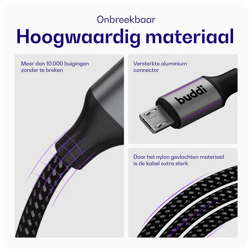 Buddi Flex USB-C naar Micro-USB Kabel 12W Fast Charge 2M Zwart afbeelding 2