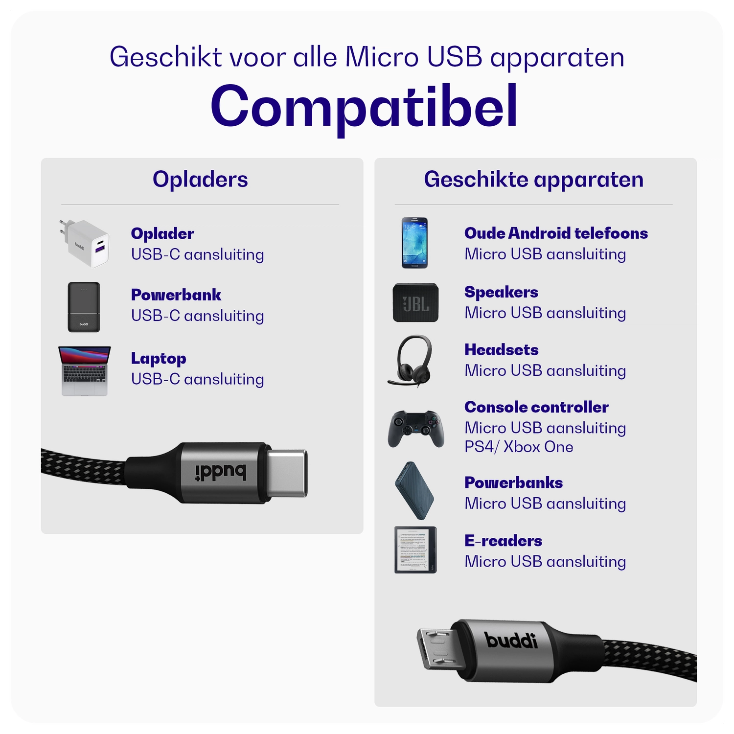 Buddi Flex USB-C naar Micro-USB Kabel 12W Fast Charge 2M Zwart afbeelding 4
