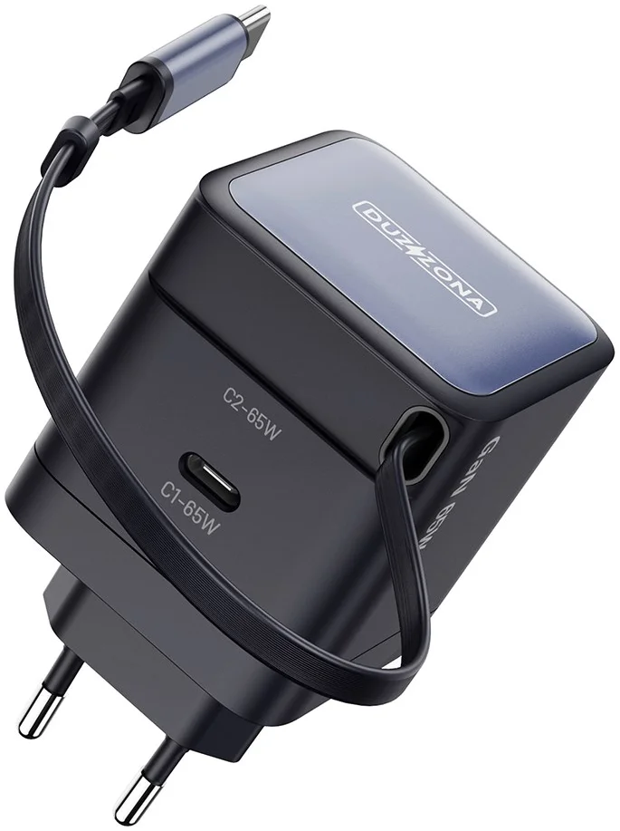 Duzzona T10 GaN 65W Snellader met ingebouwde Uittrekbare USB-C Kabel Zwart afbeelding 1