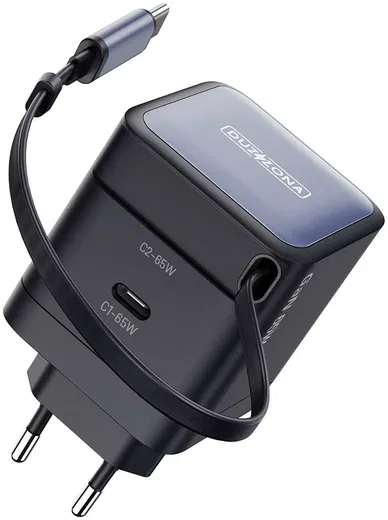 Duzzona T10 GaN 65W Snellader met ingebouwde Uittrekbare USB-C Kabel Zwart afbeelding 1