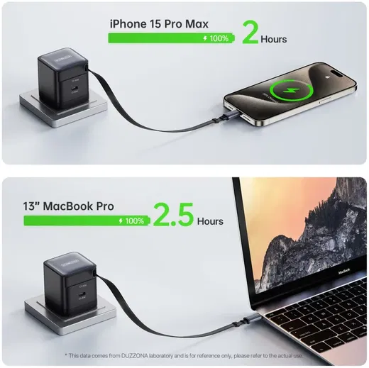 Duzzona T10 GaN 65W Snellader met ingebouwde Uittrekbare USB-C Kabel Zwart afbeelding 9