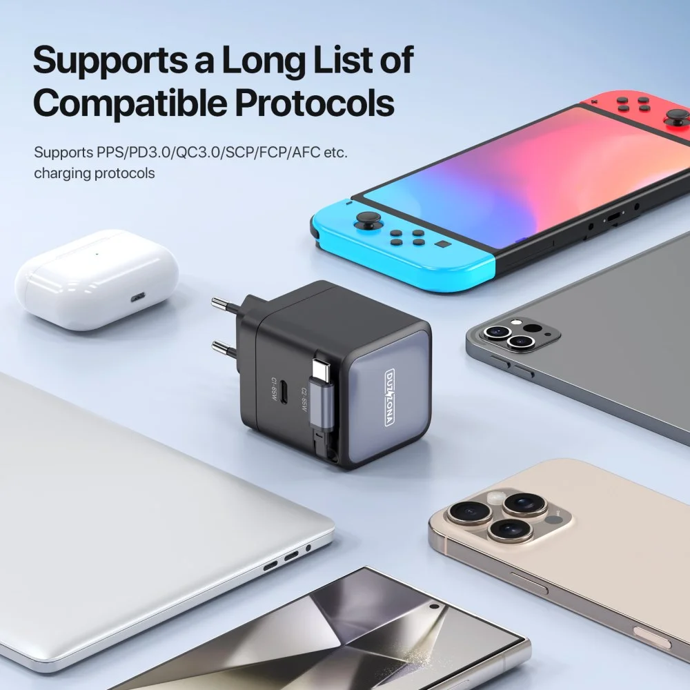 Duzzona T10 GaN 65W Snellader met ingebouwde Uittrekbare USB-C Kabel Zwart afbeelding 4