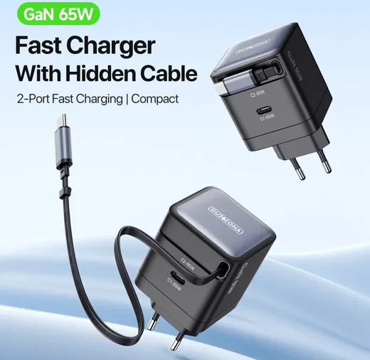 Duzzona T10 GaN 65W Snellader met ingebouwde Uittrekbare USB-C Kabel Zwart afbeelding 5