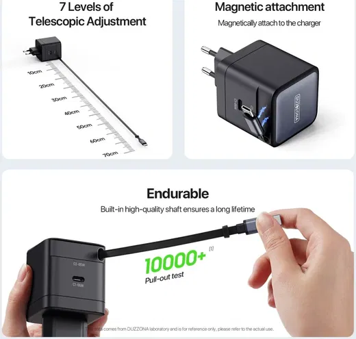 Duzzona T10 GaN 65W Snellader met ingebouwde Uittrekbare USB-C Kabel Zwart afbeelding 6