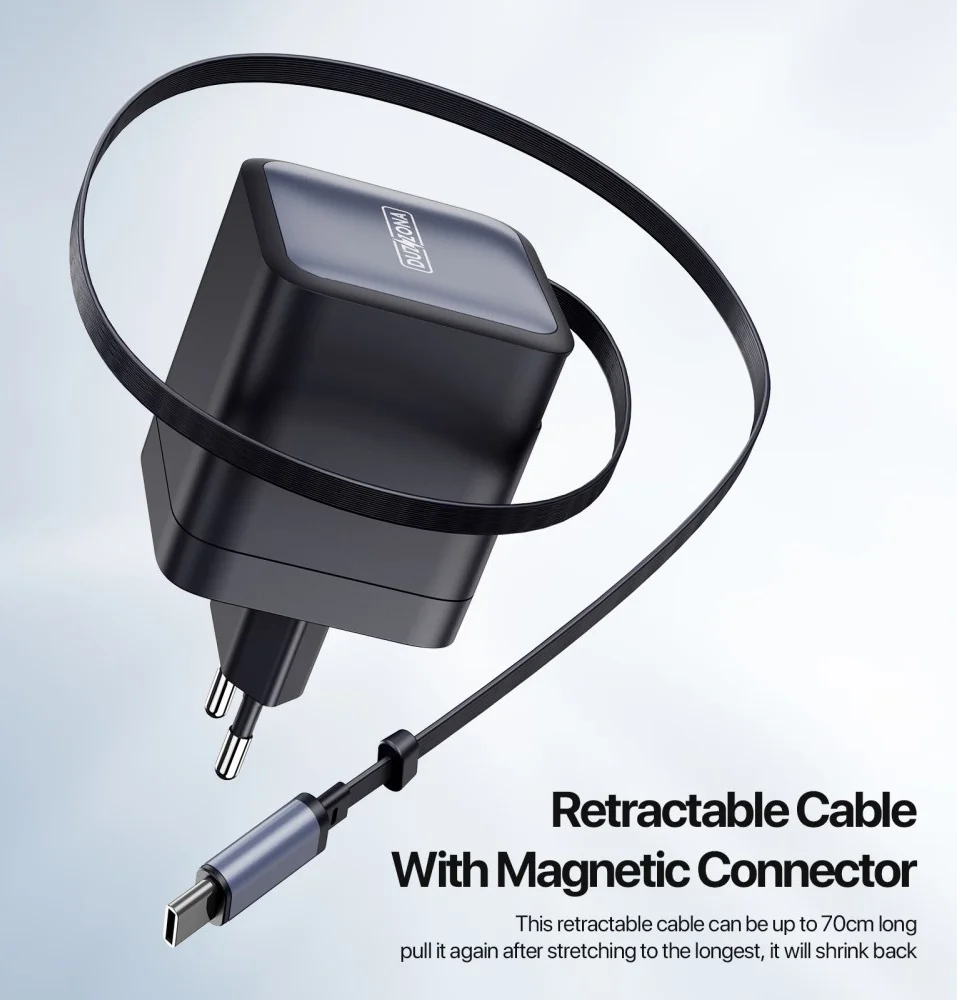 Duzzona T10 GaN 65W Snellader met ingebouwde Uittrekbare USB-C Kabel Zwart afbeelding 7