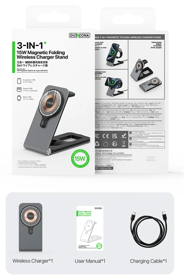 Duzzona 3-in-1 MagSafe Oplader iPhone/AirPods (Pro)/Apple Watch Opvouwbaar Grijs afbeelding 10