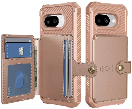 Google Pixel 9a TPU Back Cover met Kunstleren Wallet Roze afbeelding 1