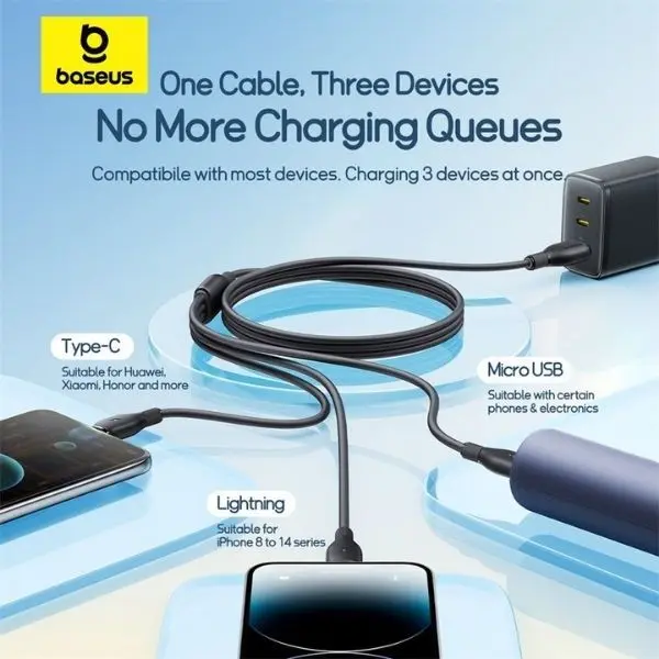 Baseus USB 3-in-1 Kabel met Lightning / USB C / Micro USB 0.8M Zwart afbeelding 3